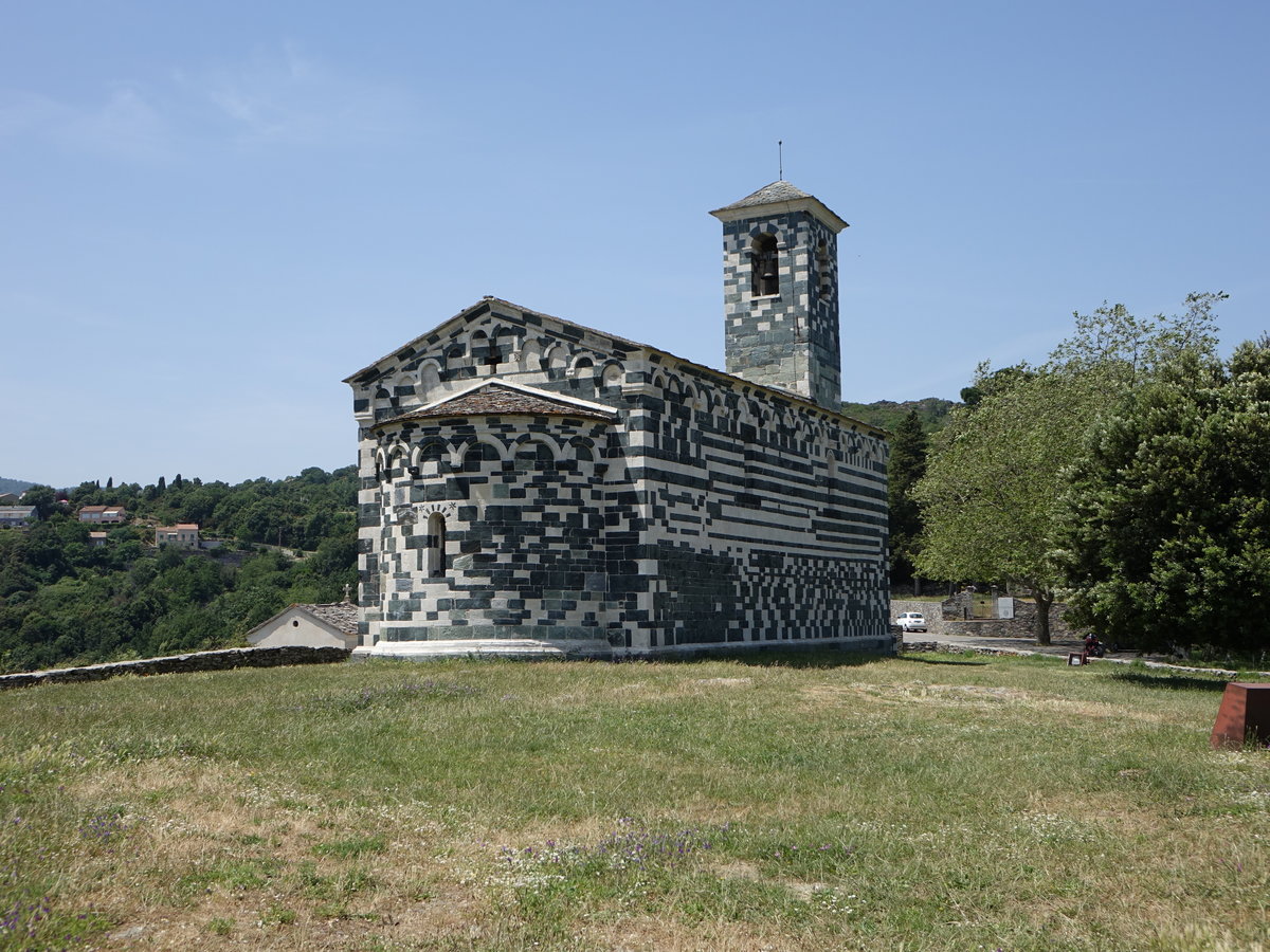 Murato, romanische Kirche St. Michael,  die Mauern sind in regelmigem Wechsel aus weiem und grnen Stein, erbaut im 12. Jahrhundert (21.06.2019)