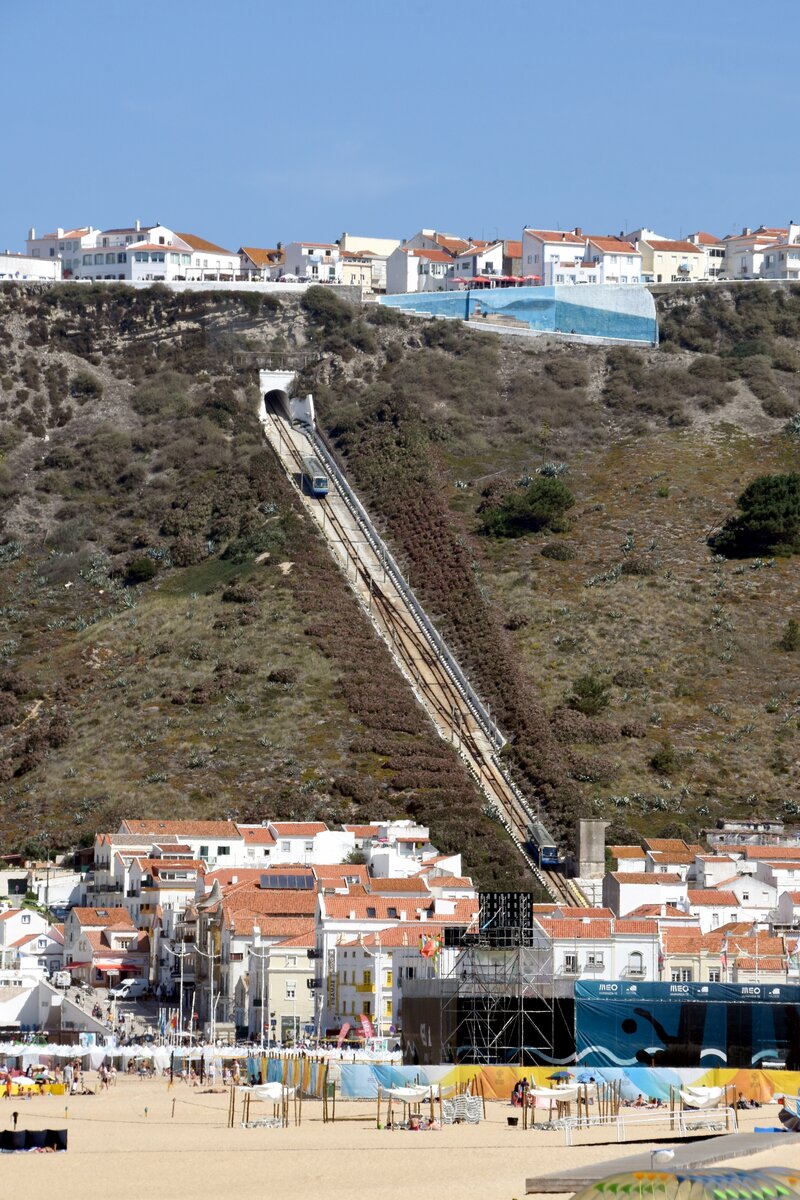 NAZAR (Concelho de Nazar), 13.08.2019, Blick vom Strand auf den Ascensor de Nazar, der die Ortsteile Praia (unten) und Stio (oben) mit einem Hhenunterschied von 110 Metern verbindet; die 318 Meter lange Strecke wird mit einer Steigung von 42 % bewltigt