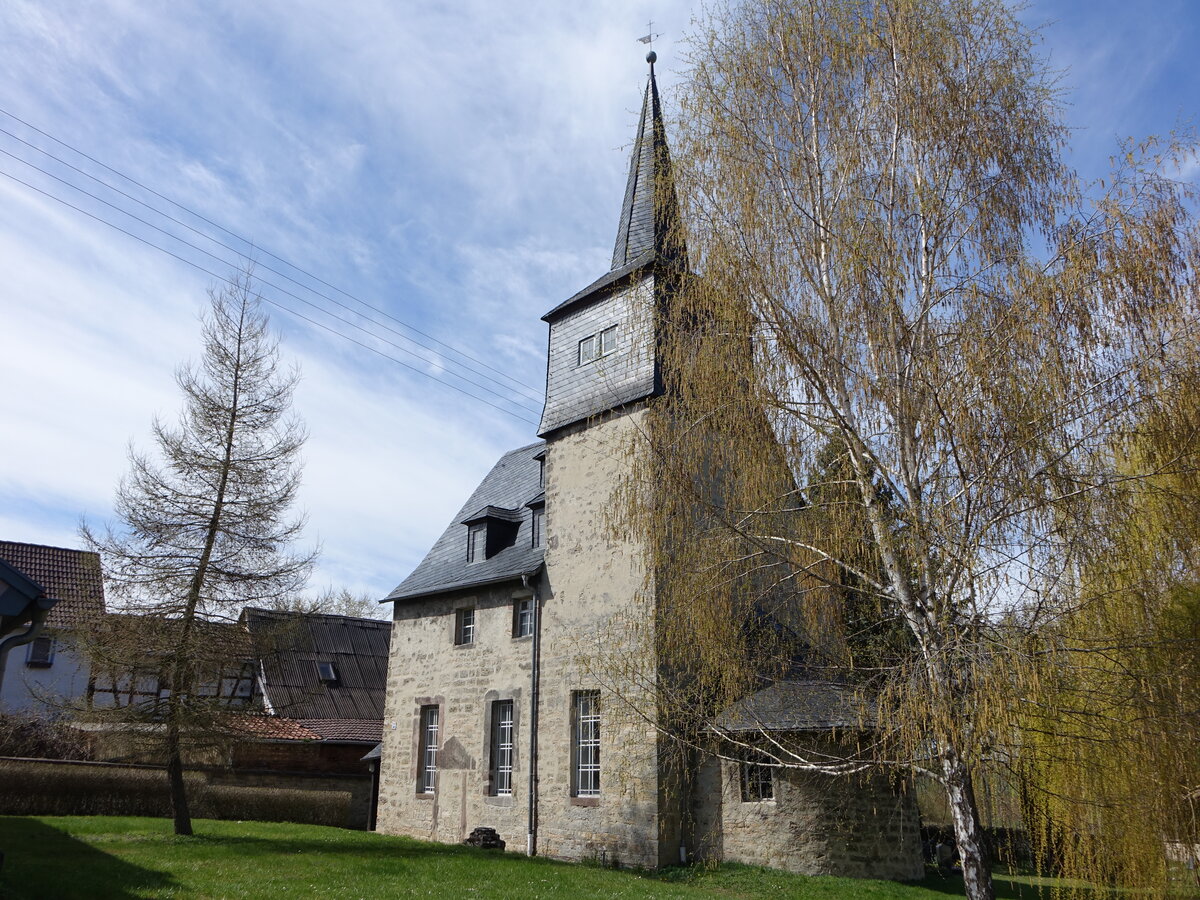 Neckeroda, evangelische Dorfkirche, Kirchturm erbaut bis 1606 (17.04.2022)