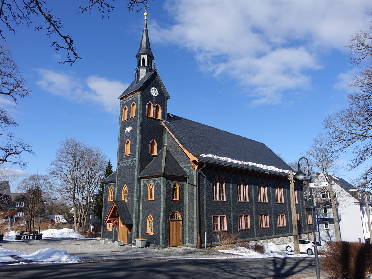 Neuhaus am Rennweg, evangelische Stadtkirche, neugotische Holzkirche, erbaut 1892 (27.02.2022)