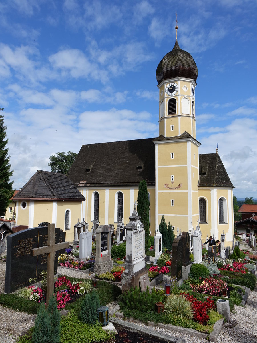 Niklasreuth, kath. Pfarrkirche St. Nikolaus, Wandpfeilersaalkirche mit eingezogenem Chor und Sdturm, Neubau von 1694 bis 1697 unter Einbeziehung des sptgotischen Chores und mittelalterlichen Turmunterbaus durch Johann Mayr d.. von der Hausstatt 
(03.07.2016)