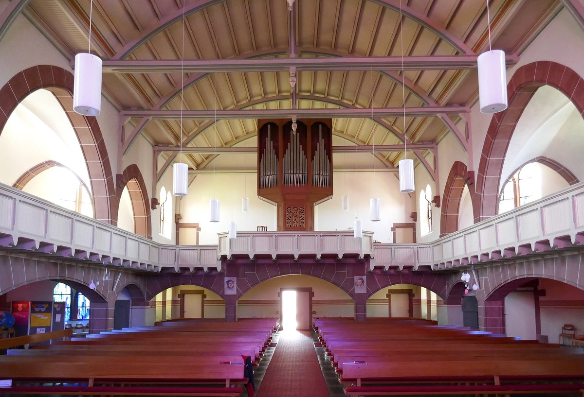 Nonnenweier, Blick zur Orgelempore in der evangelischen Kirche, April 2020