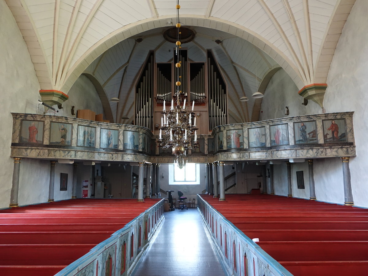 Nordmaling, Orgelempore in der Ev. Kirche. Die Orgel stammt aus dem Orgelbau von Grnlunds in Gammelstad und wurde 1970 installiert (02.06.2018)