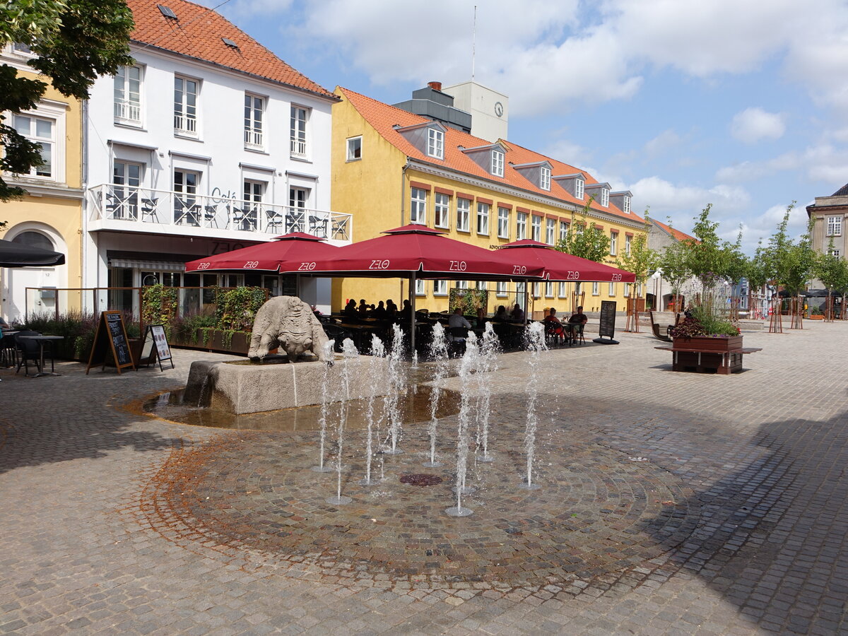 Nykobing, Brunnen und Huser am Hauptplatz Torvet (18.07.2021)