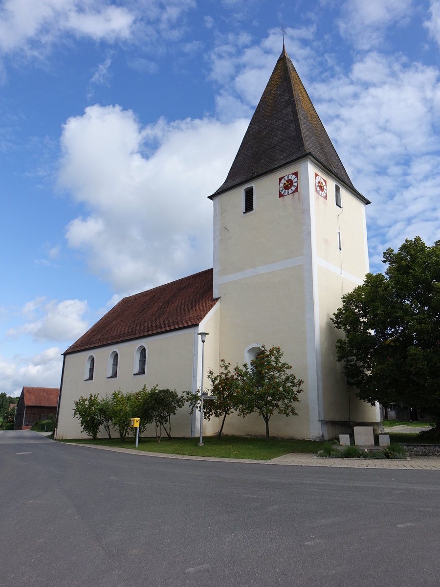Oberbuchfeld, kath. Pfarrkirche St. Jakobus mit romanischen Turm, Langhaus neu erbaut 1962 (20.08.2017)