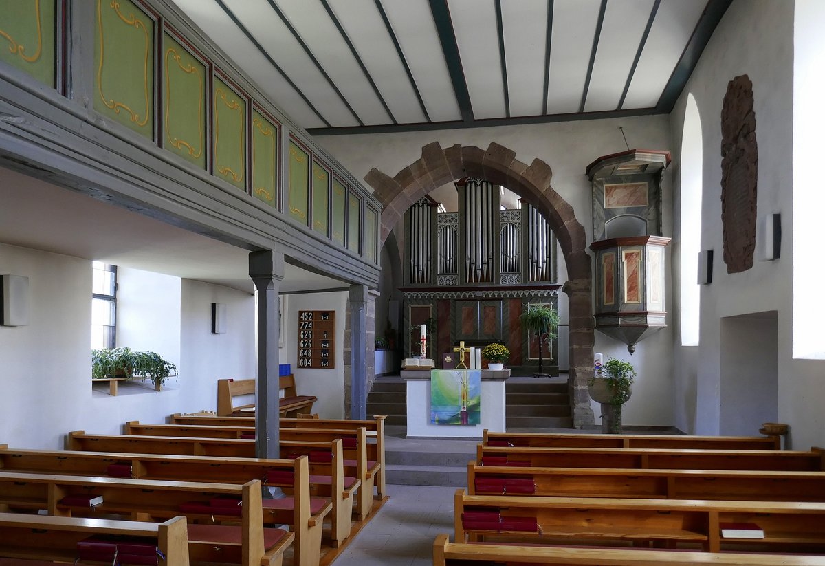Obereggenen, Blick in den Innenraum der evangelischen Kirche, Richtung Altar, Sept.2019 