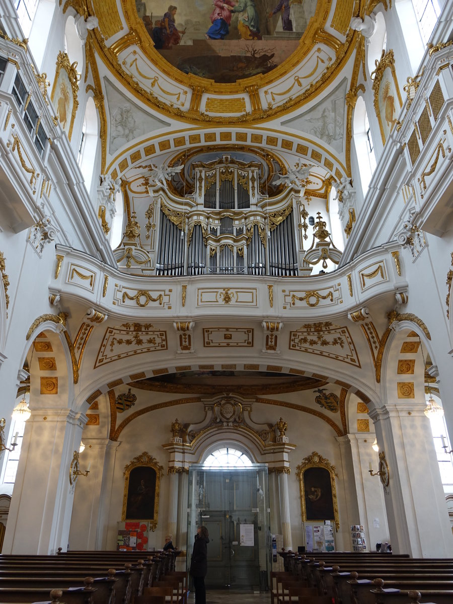 Oberelchingen, Orgelempore in der Klosterkirche St. Peter und Paul, Orgel erbaut 1910 durch die Orgelbaufirma G. F. Steinmeyer & Co., Orgelpropekt von 1785 (13.03.2016)