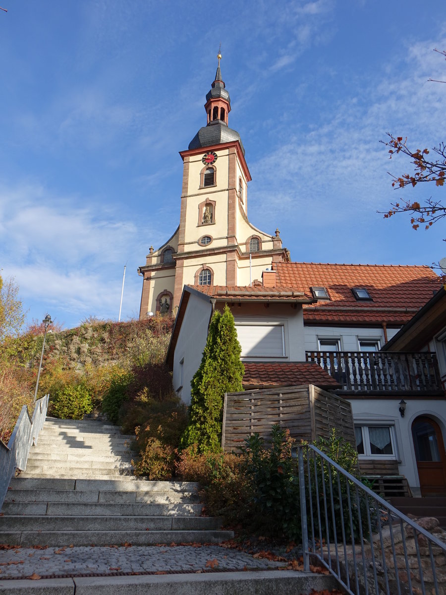 Oberelsbach, kath. Pfarrkirche St. Kilian, Saalbau mit eingezogenem Chor und risalitartig vortretendem Fassadenturm, erbaut von 1765 bis 1784 von Johann Michael und Georg Schmidt (16.10.2018)