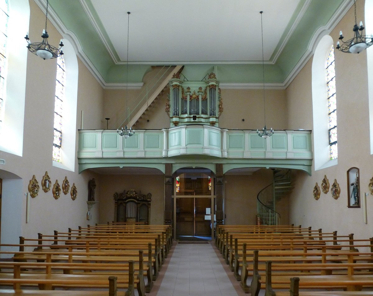 Oberentzen, Blick zur Orgelempore in der St.Nikolaus-Kirche mit der historischen Orgel von 1759 (Orgelbauer Louis Dubois), Aug.2017