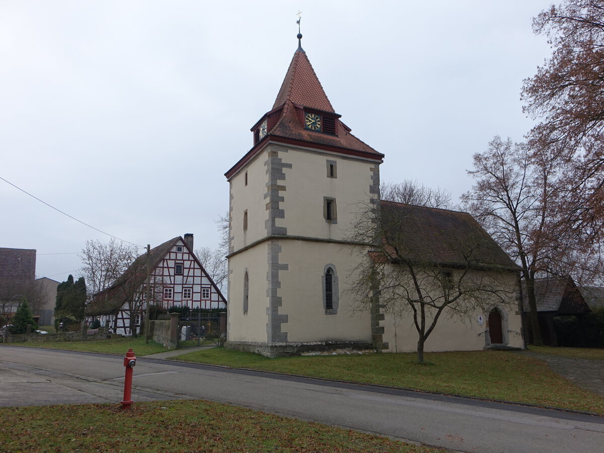 Oberscheckenbach, evangelische St. Kilian Kirche, Chorturmkirche aus dem 14. Jahrhundert (27.11.2016)