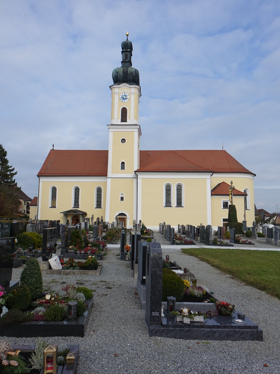 Oberschneiding, Pfarrkirche Maria Himmelfahrt, Altarhaus, Vierung und Turm 18. Jahrhundert, Langhauserweiterung nach Westen und zwei Querhuser 1848, von 1910 bis 1914 umgestaltet durch Heinrich Hauberrisser (13.11.2016) 