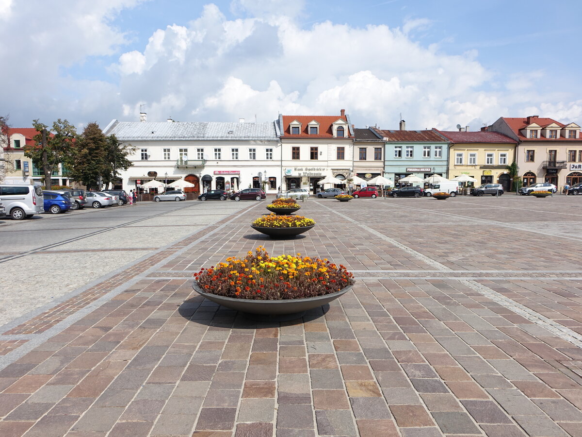 Olkusz / Olkusch, Blumenschmuck und Gebude am Rynek Platz (13.09.2021)