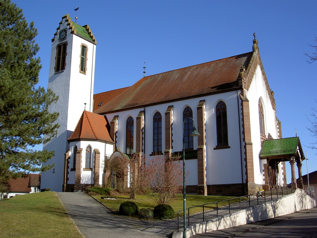 Orsingen, Pfarrkirche St. Peter und Paul, erbaut von 1909 bis 1911, Kirchturm von der alten Kirche von 1575 (23.02.2014)