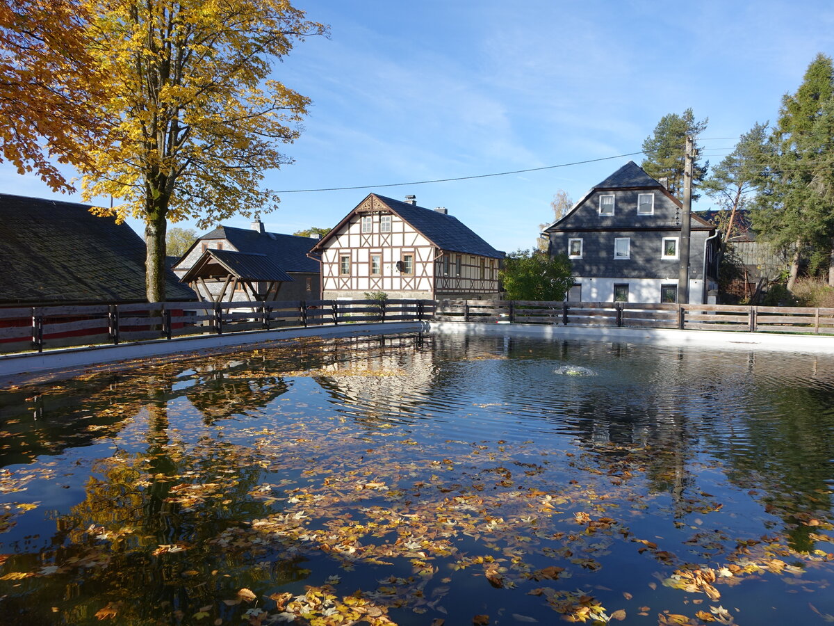 Ossla, Fachwerk- und Schieferhuser am Dorfteich (17.10.2022)