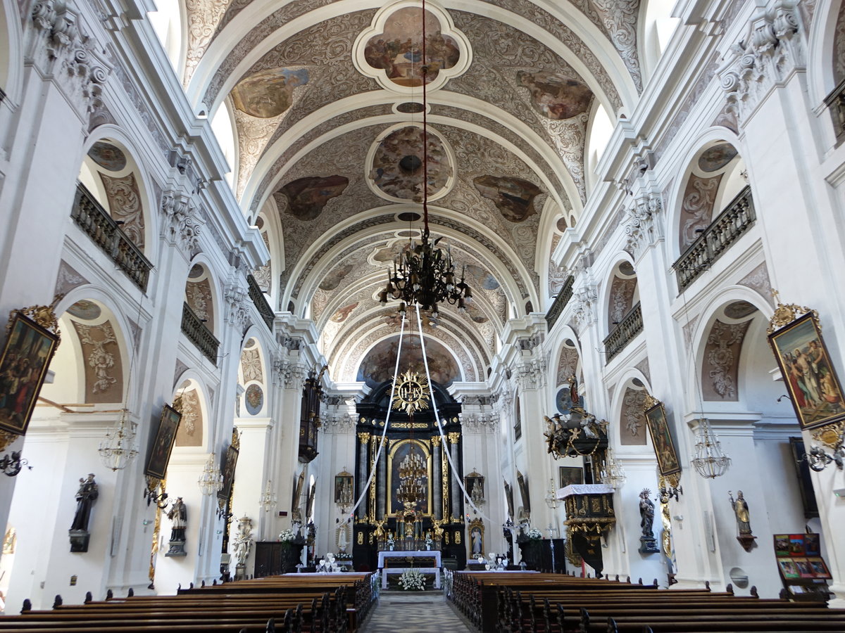 Otmuchov / Ottmachau, barocker Innenraum der St. Nikolaus Kirche, Fresken von Karl Dankwart, Hochaltar von Johann Weinmann, Hochaltarbild von M. Willmann (01.07.2020)