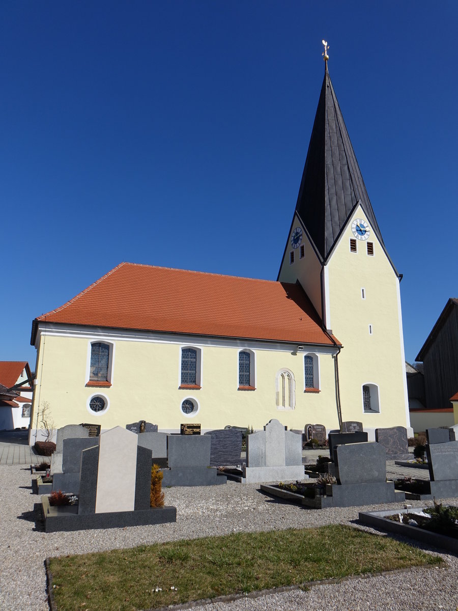 Otterzhofen, Katholische Filialkirche St. Peter und Paul, sptgotische Chorturmkirche, erbaut bis 1486 (12.03.2017)