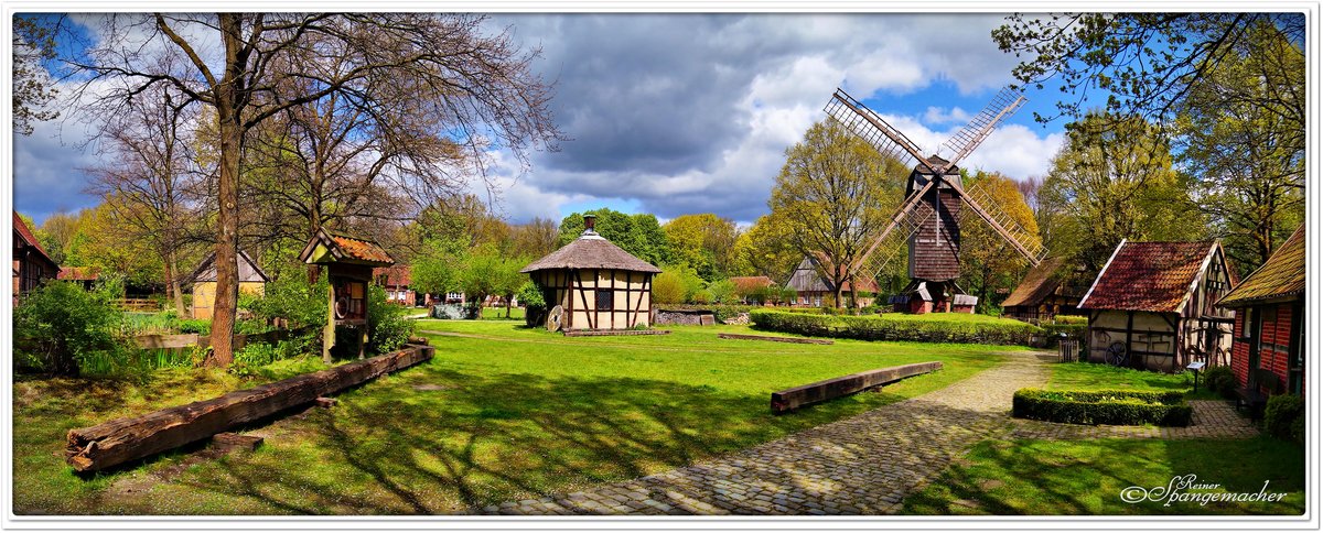 Panorama vom Mhlenhof in Mnster, Freilichtmuseum gleich neben dem Allwetterzoo Mnster, April 2017