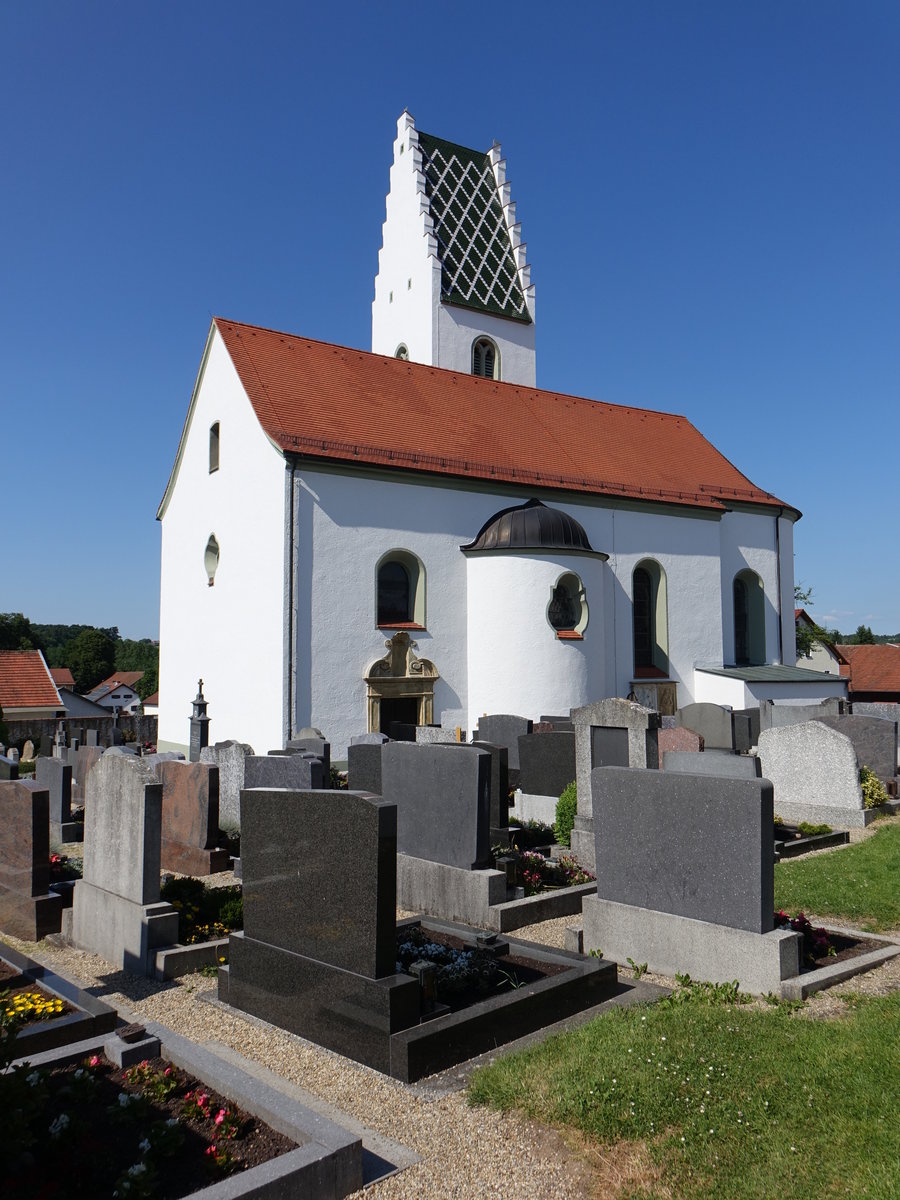 Pettenreuth, kath. Pfarrkirche Maria Himmelfahrt, Saalbau mit eingezogenem Chor und Flankenturm, erbaut 1738 (02.06.2017)