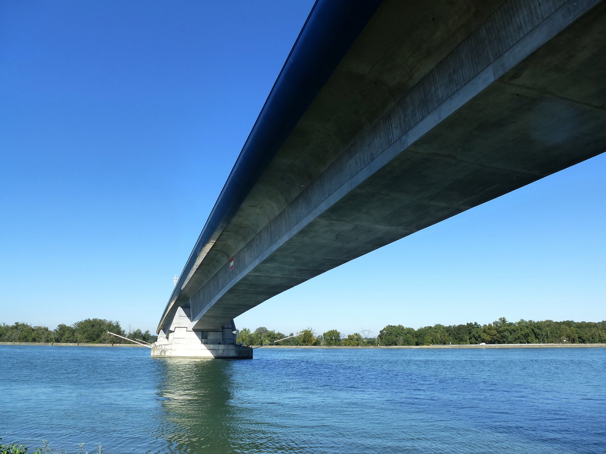 Pierre-Pflimlin-Brcke, Blick vom deutschen Rheinufer auf die Spannbeton-Hohlkastenbrcke, Sept.2016