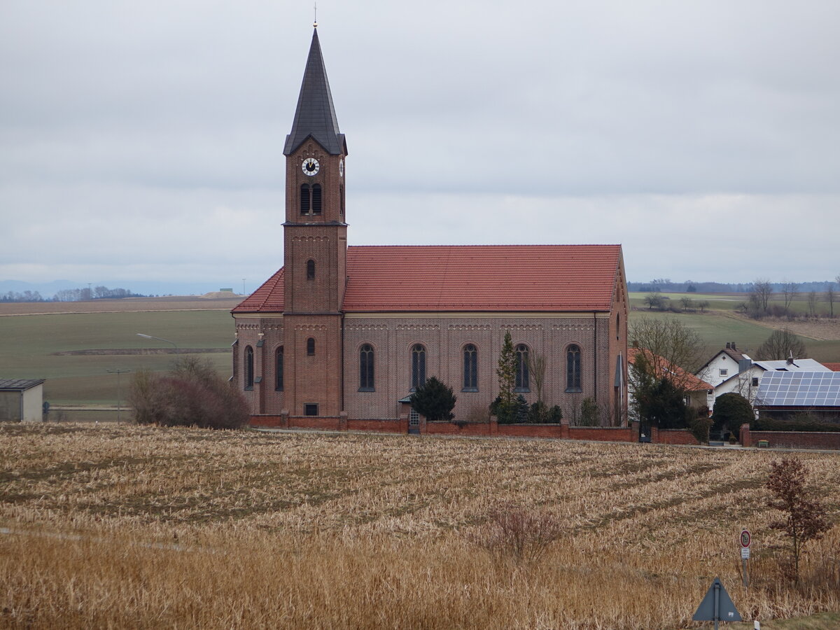 Pinkofen, Pfarrkirche St. Nikolaus, Saalkirche aus Backsteinen, erbaut 1896 (28.02.2017)