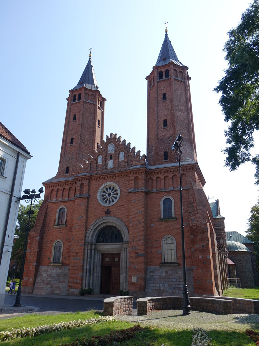 Plock, Kathedrale Maria Himmelfahrt, erbaut von 1126 bis 1141, dreischiffige romanisce Basilika mit Querschiff, von 1556 bis 1563 umgestaltet im Stil der Renaissance von Giovanni Cinni und Bernardo Zanobi de Gianotis, klassizistische Fassade von 1784 (07.08.2021)