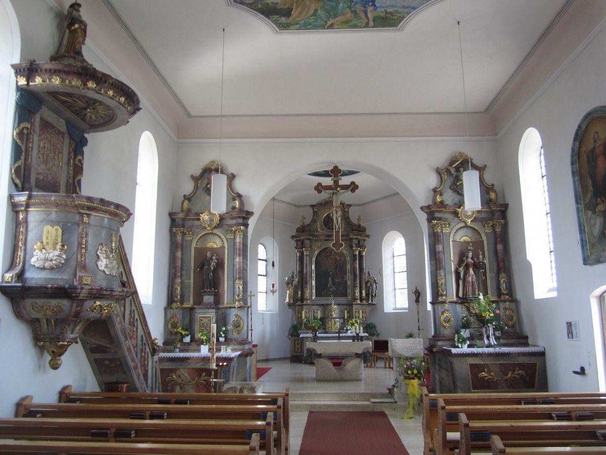 Primisweiler, Altre und Kanzel der St. Clemens Kirche, Hochaltar von 1684 (08.09.2013)