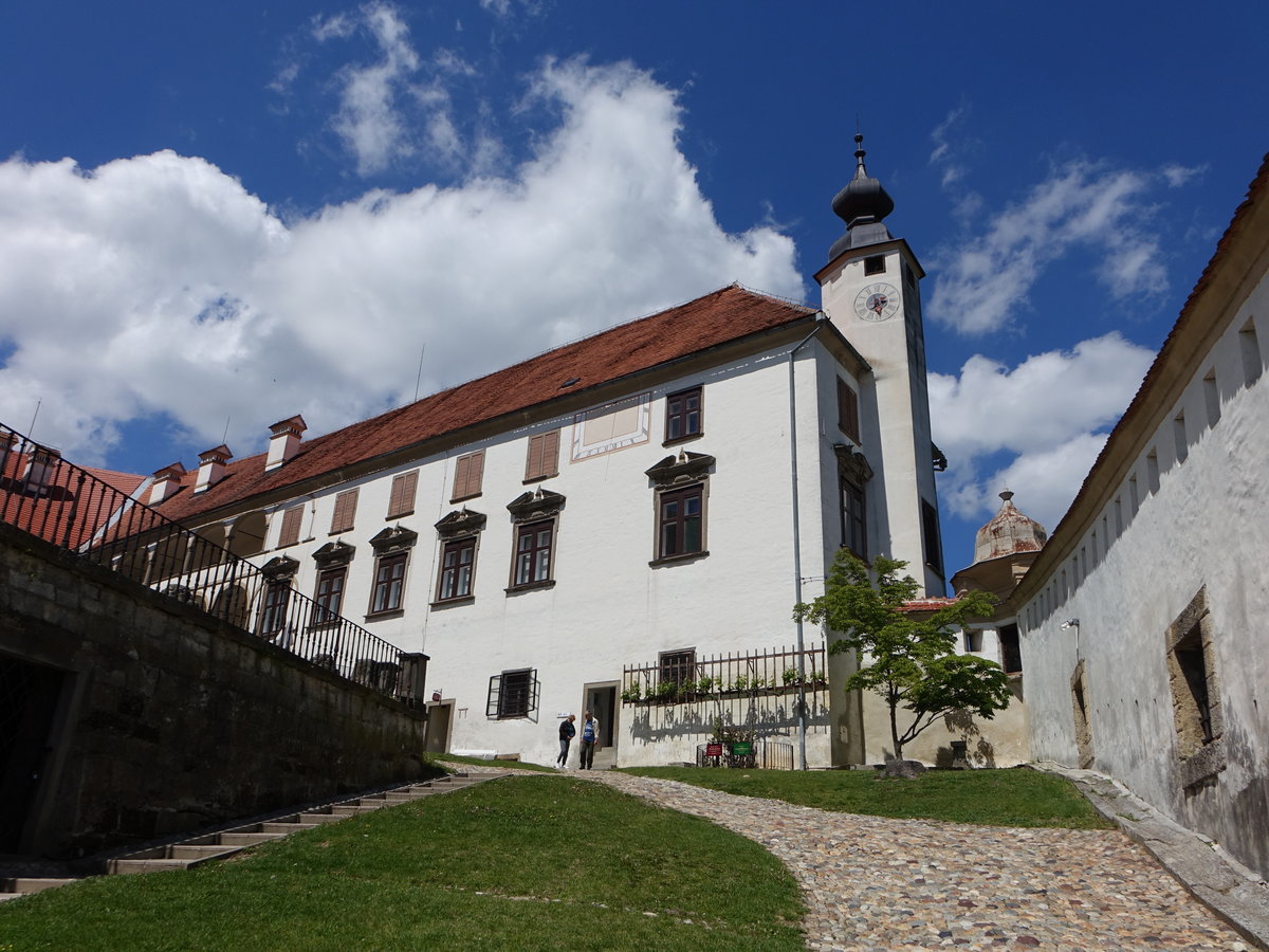 Ptuj, Schlosskirche im Schloss Ptuj, die Burg war im Mittelalter Zentrum des salzburgischen Draugebiets und wurde von den mchtigen Herren von Pettau, Burgherren der Salzburger Erzbischfe, bis zum Aussterben der Familie im Jahr 1438 bewohnt (04.05.2017)