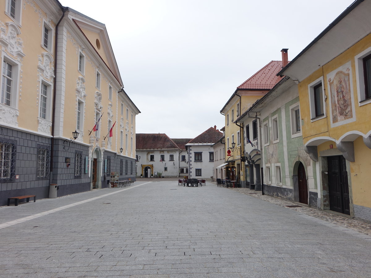 Radovljica, Schloss Thurn und Gebude am Hauptplatz (05.05.2017)