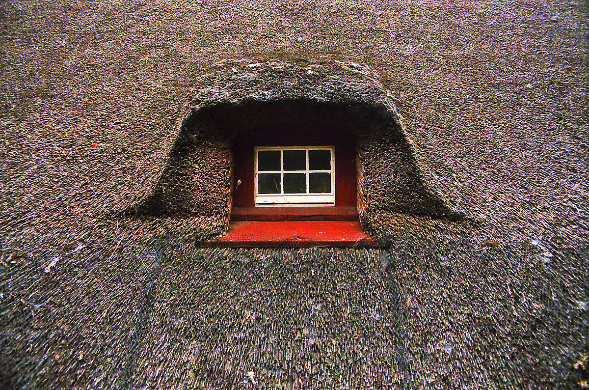 Reetdach mit Fenster im Dr.-Carl-Haeberlin-Friesen-Museum in Wyk auf Fhr. Bild vom Negativ. Aufnahme: Juli 1999.