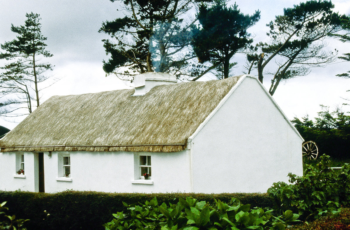 Reetdachhaus in Clifden. Bild vom Dia. Aufnahme: Juli 1991.