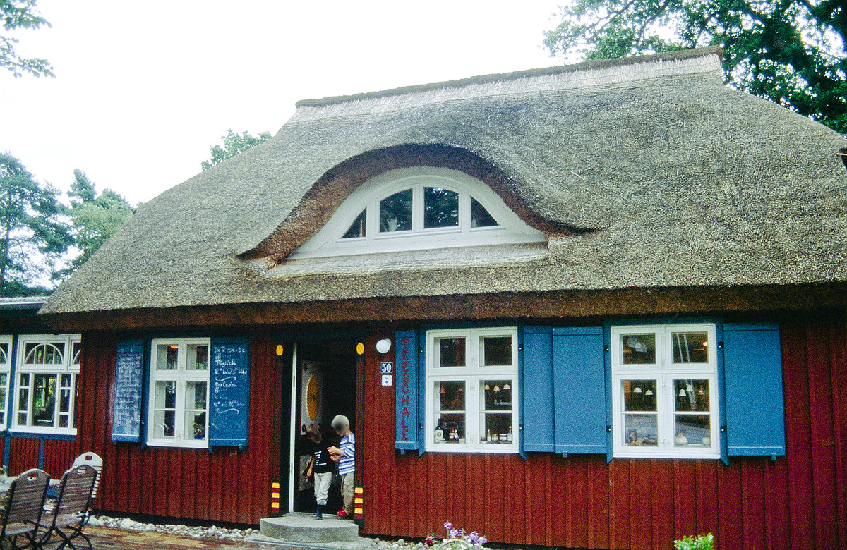 Reetdachhaus im Ostseebad Prerow auf der Halbinsel Fischland-Dar-Zingst. Bild vom Dia. Aufnahme: August 2001.