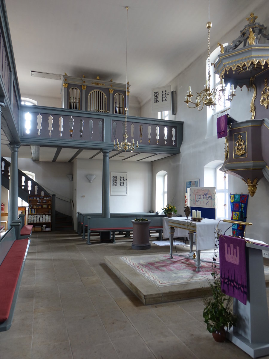 Rehweiler, Innenraum der Ev. Kirche, Rokokokanzel von 1774 (11.03.2018)
