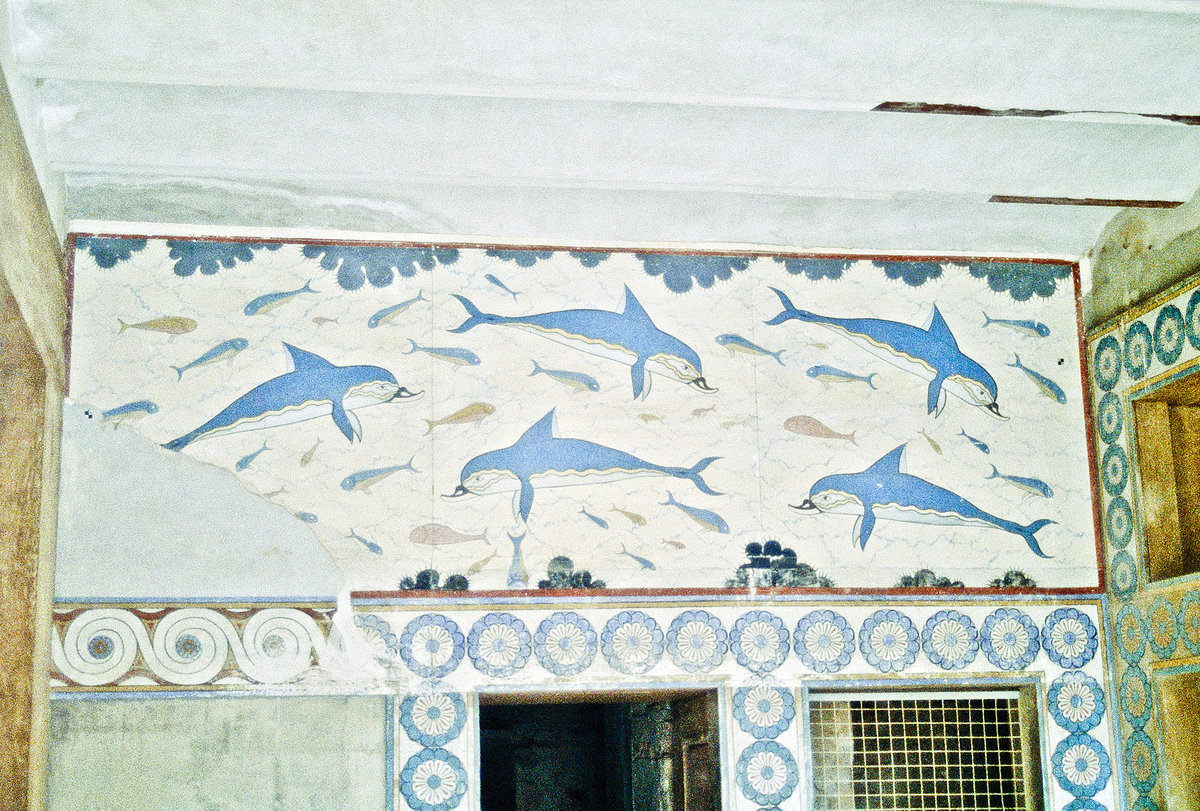 Rekonstruierte Wandmalerei in Knossos auf Kreta. Bild vom Dia. Aufnahme: April 1999.