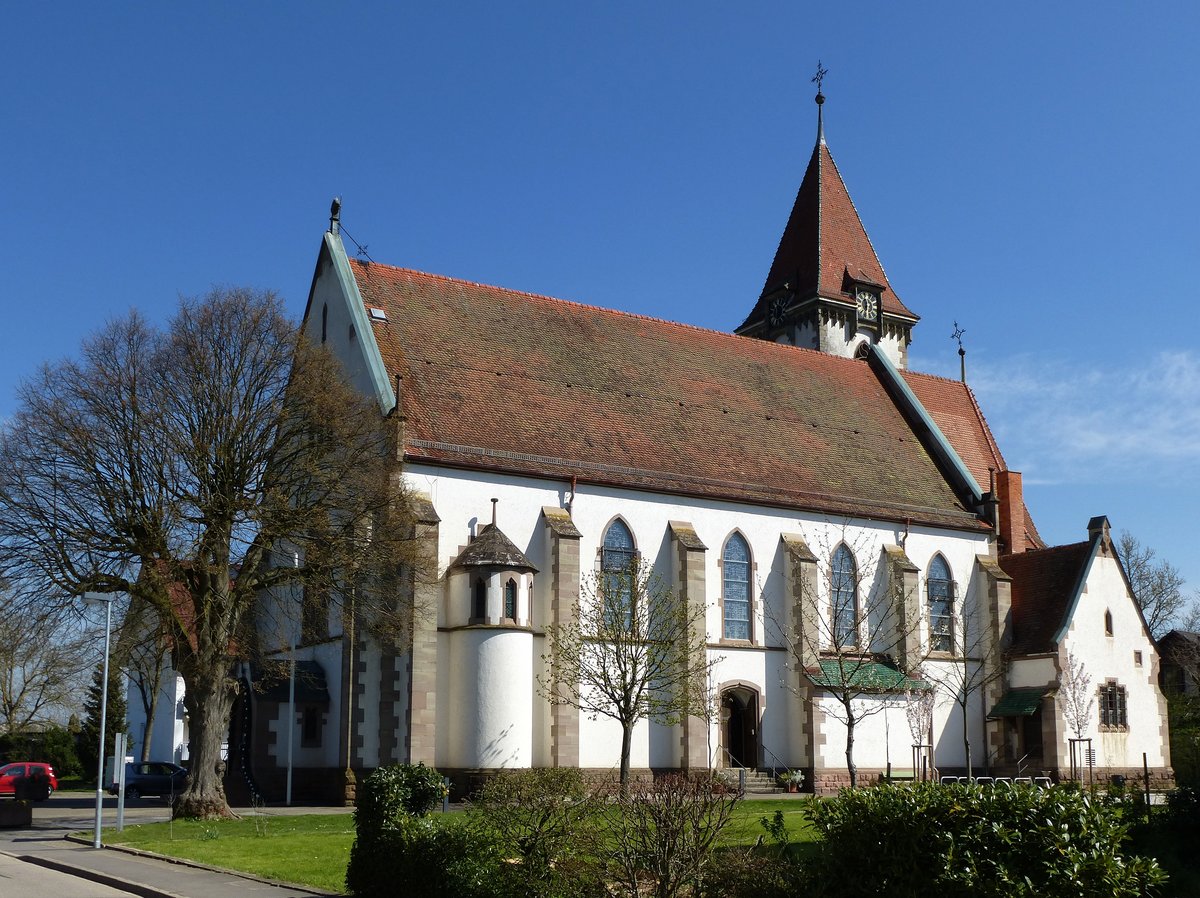 Reute, die Kirche St.Felix und Regula, der neugotische Bau von 1900-1902 errichtet stammt von Max Merkel, April 2016