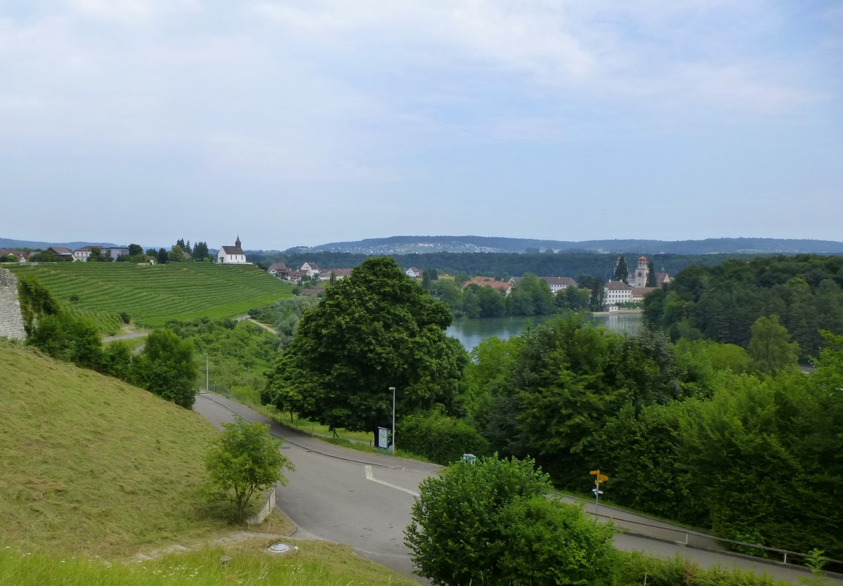 Rheinau, Blick auf den Ort am Hochrhein, mit dem ehemaligen Benediktinerkloster(rechts) und der Bergkirche(links), Juli 2013