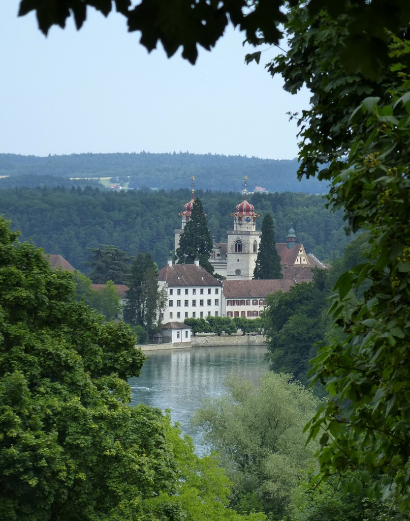 Rheinau, Blick auf den Rhein und das ehemalige Benediktinerkloster auf der Rheininsel, Juli 2013