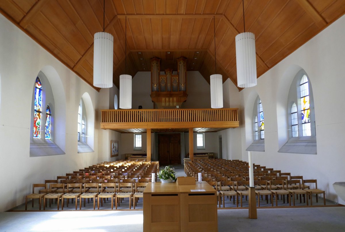 Rheinfelden, Blick zur Orgelempore mit der Metzler-Orgel in der ev.-ref.Kirche, Sept.2019