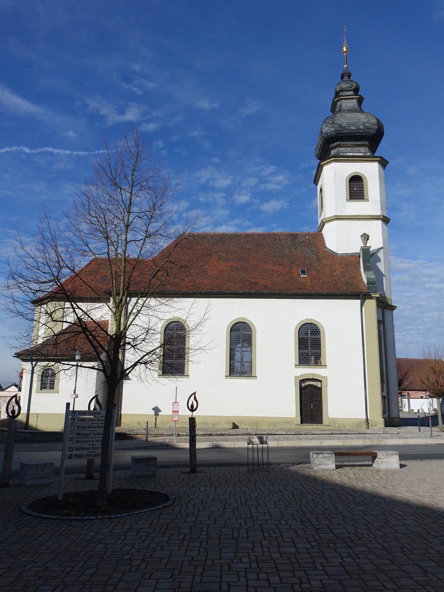 Rdelsee, kath. St. Bartholomus Kirche, Saalbau mit Turmfassade, erbaut von 1779 bis 1783 nach Plnen von Major Adam Salomon Fischer (11.03.2018)
