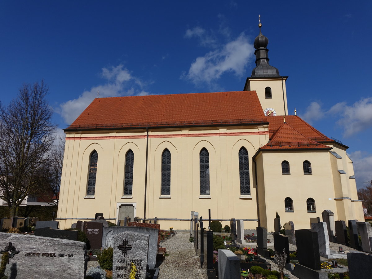 Rohrenfels, Kath. Pfarrkirche Maria Heimsuchung, Saalkirche, Chor und Turm erbaut von 1425 bis 1430, Langhaus erbaut 1858 (06.03.2016)