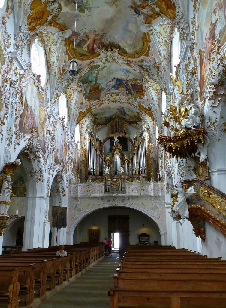 Rottenbuch, Stiftskirche Mari Geburt, Blick zur Orgelempore, Aug.2014