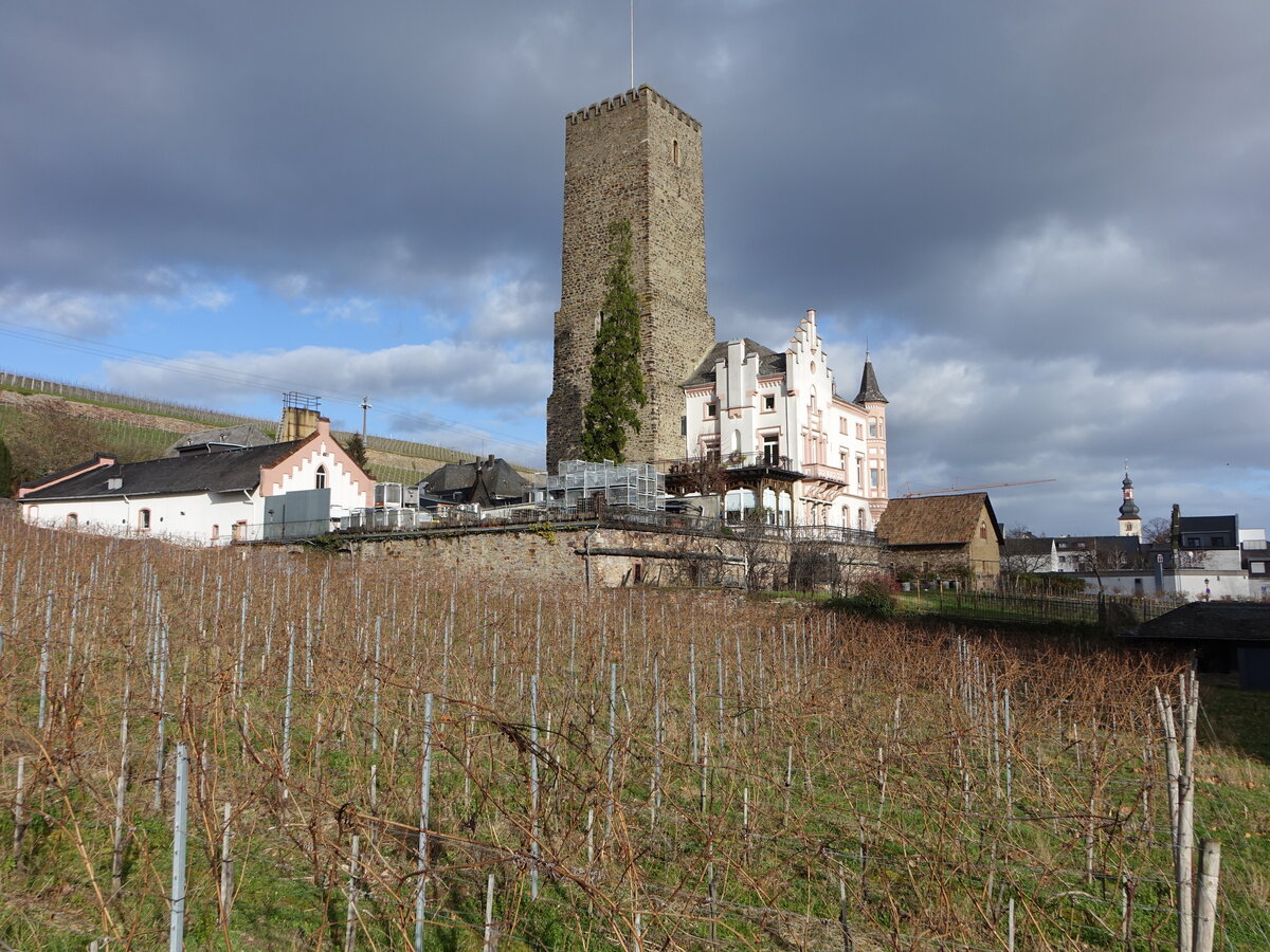 Rdesheim a. Rhein, Oberburg (Boosenburg), erbaut im 12. Jahrhundert, neugotische Villa von 1872 (30.01.2022)