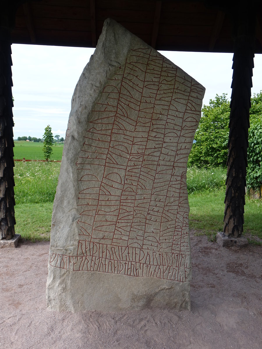 Runenstein von Rk. Er hat eine Hhe von 3,82 Metern und trgt eine Runeninschrift in altnordischer Sprache. Sie ist mit rund 750 Zeichen die lngste bekannte Runenschrift, 9. Jahrhundert (15.06.2017)