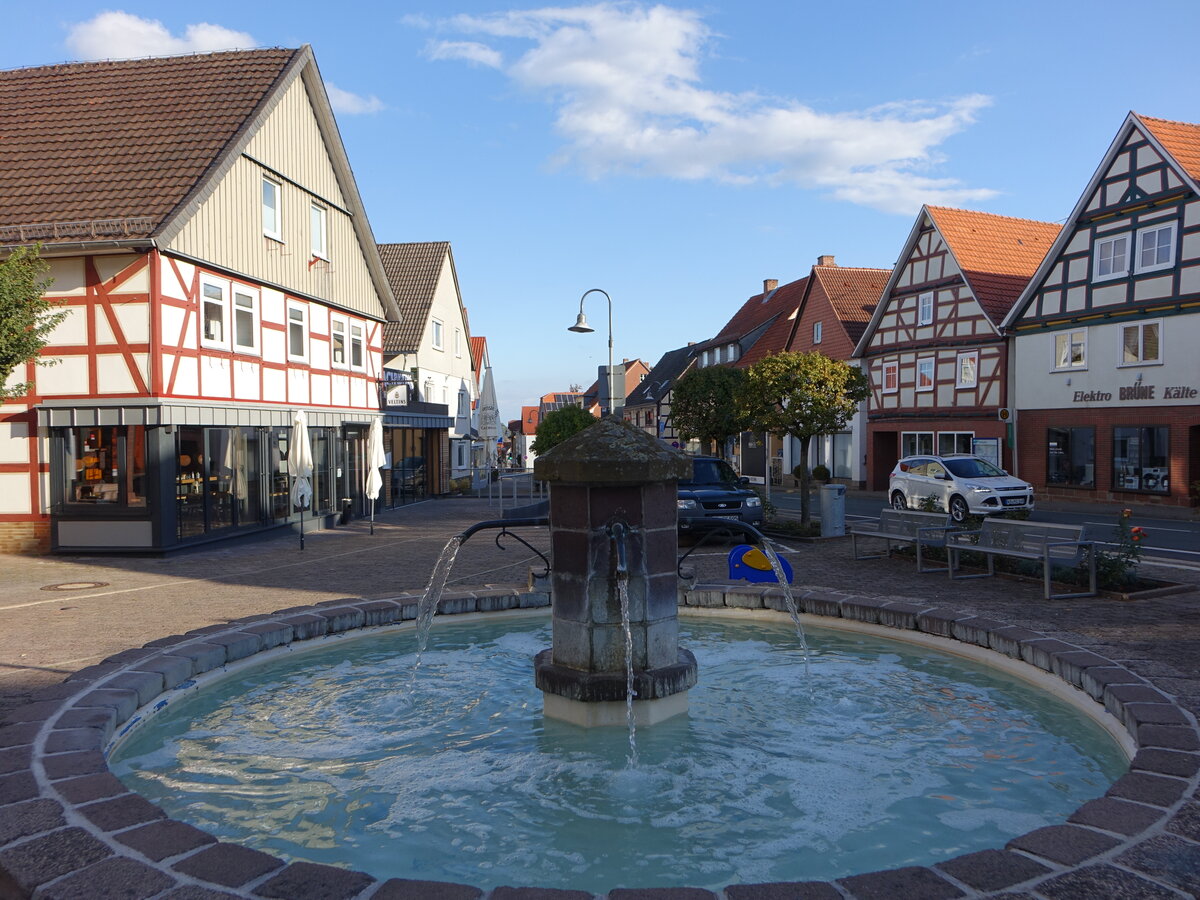 Sachsenhausen, Brunnen und Fachwerkhuser in der Strae am Rathaus (08.10.2022)