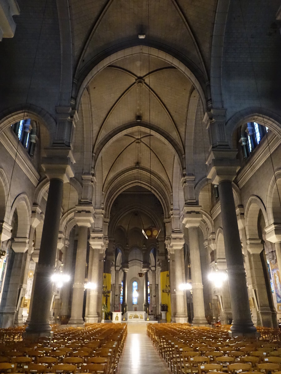Saint-Etienne, Innenraum der Kathedrale St. Charles, Hauptaltar und Kanzel von Sainte Marie Perrin (19.09.2016)