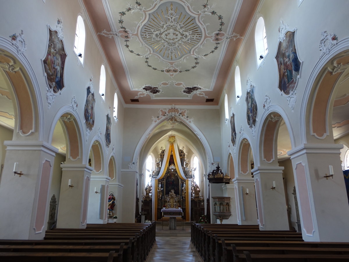 Salz, Innenraum mit Stuck von 1780 in der kath. Pfarrkirche Maria Himmelfahrt (07.07.2018)