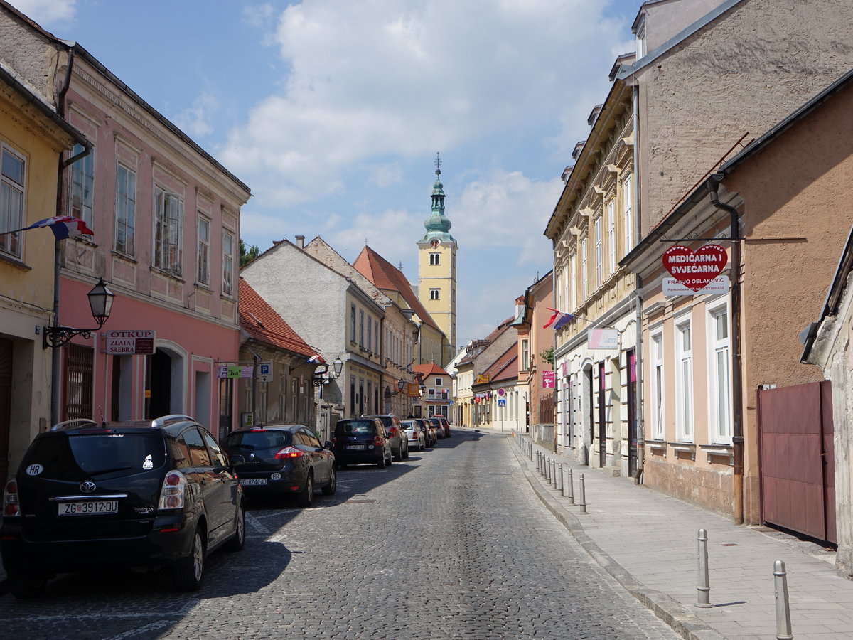 Samobor, Huser in der Ivana Perkovca Strae mit Kirchturm der St. Anastasia Kirche (01.05.2017)