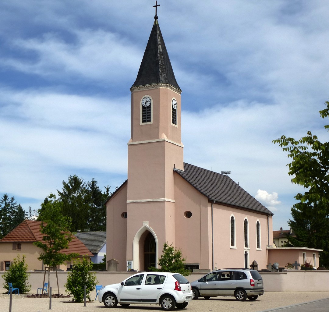 Schalampi (Chalampe) im sdlichen Elsa, die neoklassizistische Kirche St.Wendelin, erbaut 1865, Mai 2014