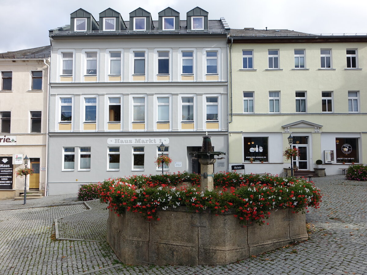 Schleiz, Marktbrunnen und Huser am Marktplatz (19.10.2022)