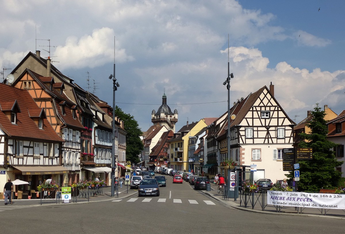 Schlettstadt (Selestat), Blick von der Illbrücke zur Altstadt, Juni 2014