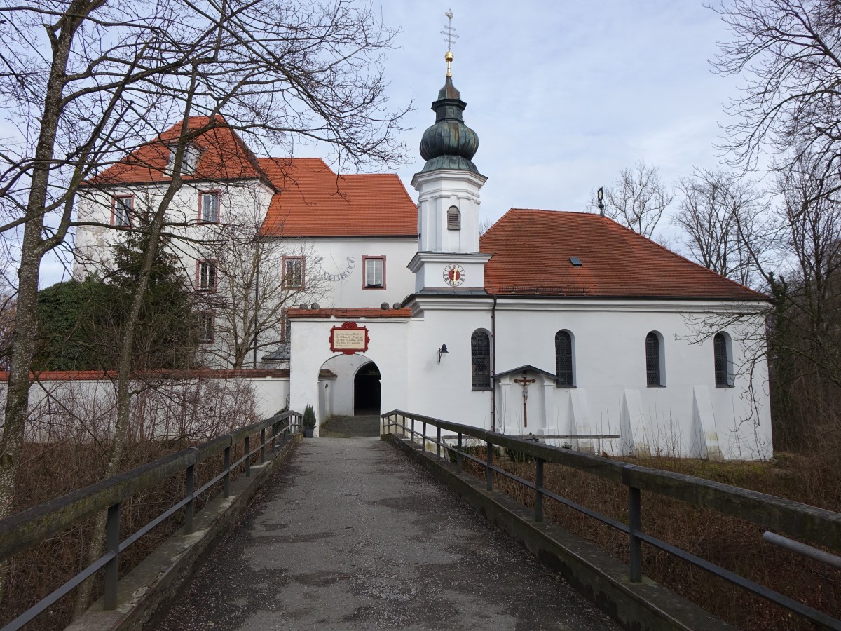 Schloss Wald a. d. Alz, im Kern mittelalterlich, Schlosskapelle St. Erasmus, erbaut 1479, barocker Ausbau von 1680 bis 1681 (14.02.2016)